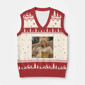 Funny Smoking And Drinking Doll Meme V-Neck Knit Sweater Vest Weekend Relaxation TS12 Beige Red Print Your Wear