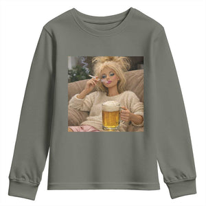 Funny Smoking And Drinking Doll Meme Youth Sweatshirt Weekend Relaxation TS12 Military Green Print Your Wear
