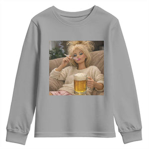 Funny Smoking And Drinking Doll Meme Youth Sweatshirt Weekend Relaxation TS12 Sport Gray Print Your Wear
