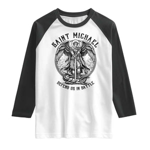 Saint Michael Heavenly Warrior Raglan Shirt Defend Us In Battle TS12 White Black Print Your Wear
