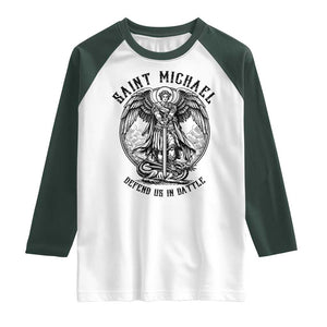 Saint Michael Heavenly Warrior Raglan Shirt Defend Us In Battle TS12 White Dark Forest Green Print Your Wear