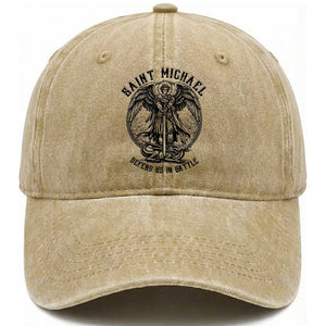 Saint Michael Heavenly Warrior Washed Cotton Baseball Cap - Defend Us In Battle TS12 Washed Cap Universal Fit Khaki Print Your Wear