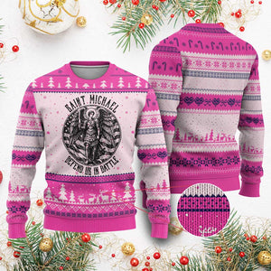 Saint Michael Defend Us In Battle Ugly Christmas Sweater American Flag Patriotic TS12 Hot Pink Print Your Wear