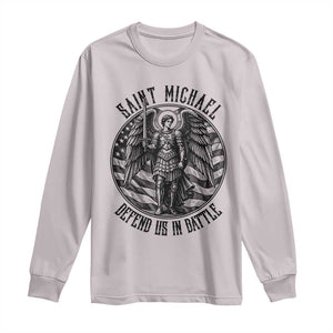 Saint Michael Defend Us In Battle Long Sleeve Shirt American Flag Patriotic TS12 Ice Gray Print Your Wear