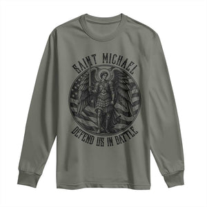 Saint Michael Defend Us In Battle Long Sleeve Shirt American Flag Patriotic TS12 Military Green Print Your Wear