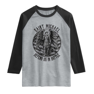 Saint Michael Defend Us In Battle Raglan Shirt American Flag Patriotic TS12 Heather Gray Black Print Your Wear