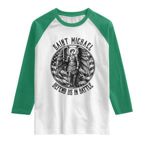 Saint Michael Defend Us In Battle Raglan Shirt American Flag Patriotic TS12 White Kelly Green Print Your Wear