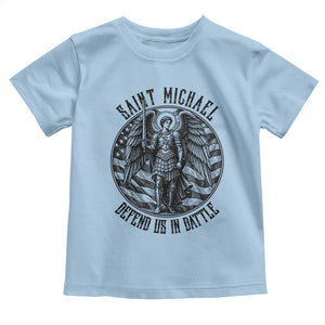 Saint Michael Defend Us In Battle Toddler T Shirt American Flag Patriotic TS12 Light Blue Print Your Wear
