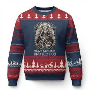 St Michael The Archangel Protect Us Ugly Christmas Sweater Christian Faith Gift TS12 Navy Red Print Your Wear