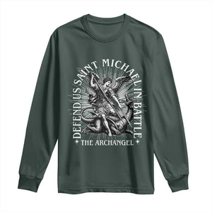 Saint Michael Defend Us In Battle Long Sleeve Shirt Catholic Protection Gift TS12 Dark Forest Green Print Your Wear