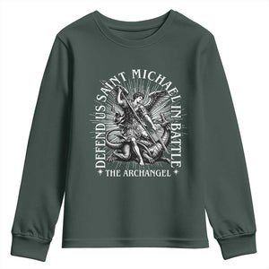 Saint Michael Defend Us In Battle Youth Sweatshirt Catholic Protection Gift TS12 Dark Forest Green Print Your Wear