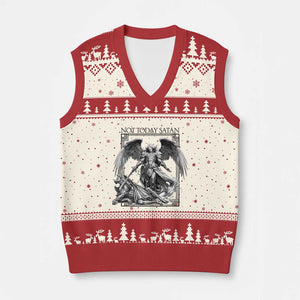 Funny Saint Michael Defeating Satan V-Neck Knit Sweater Vest Not Today Satan TS12 Beige Red Print Your Wear