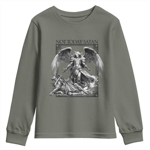 Funny Saint Michael Defeating Satan Youth Sweatshirt Not Today Satan TS12 Military Green Print Your Wear