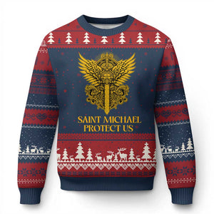 Vintage Catholic Saint Michael Protect Us Ugly Christmas Sweater Religious Gift TS12 Navy Red Print Your Wear