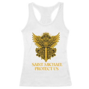 Vintage Catholic Saint Michael Protect Us Racerback Tank Top Religious Gift TS12 White Print Your Wear