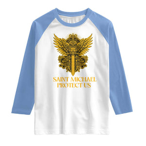 Vintage Catholic Saint Michael Protect Us Raglan Shirt Religious Gift TS12 White Carolina Blue Print Your Wear
