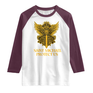 Vintage Catholic Saint Michael Protect Us Raglan Shirt Religious Gift TS12 White Maroon Print Your Wear