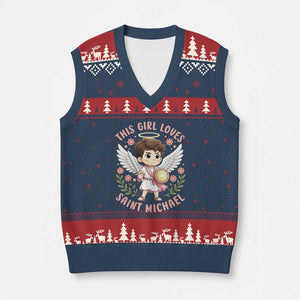 This Girl Loves Saint Michael V-Neck Knit Sweater Vest Religious Faith Gift TS12 Navy Red Print Your Wear