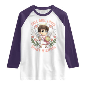 This Girl Loves Saint Michael Raglan Shirt Religious Faith Gift TS12 White Purple Print Your Wear