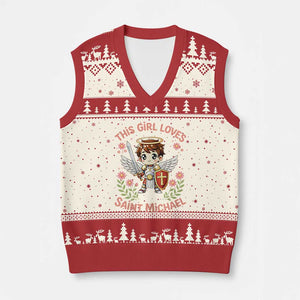 This Girl Loves Saint Michael V-Neck Knit Sweater Vest Catholic Faith Gift TS12 Beige Red Print Your Wear