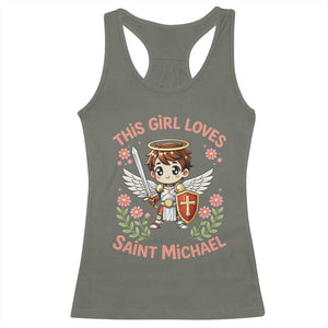 This Girl Loves Saint Michael Racerback Tank Top Catholic Faith Gift TS12 Military Green Print Your Wear