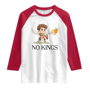 No Kings Raglan Shirt Funny Saint Michael Topples The Crown TS12 White Red Print Your Wear