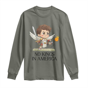 No Kings In America Long Sleeve Shirt Funny Saint Michael Kicking Crown TS12 Military Green Print Your Wear