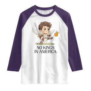 No Kings In America Raglan Shirt Funny Saint Michael Kicking Crown TS12 White Purple Print Your Wear