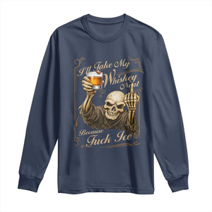 Skeleton Whiskey Long Sleeve Shirt I Will Take My Whiskey Neat No Ice TS12 Navy Print Your Wear