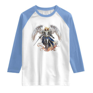 Archangel Saint Michael Warrior Raglan Shirt Catholic Protection Gift TS12 White Carolina Blue Print Your Wear