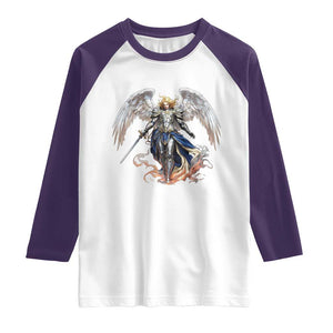 Archangel Saint Michael Warrior Raglan Shirt Catholic Protection Gift TS12 White Purple Print Your Wear