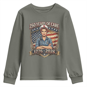 Patriotic Nurse Celebrating 250 Years Of Care Gift Youth Sweatshirt TS12 Military Green Print Your Wear
