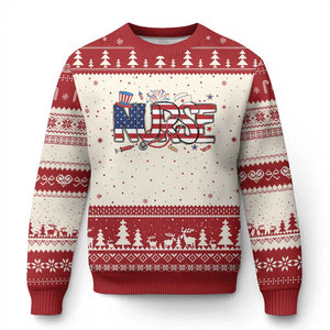 USA 250 Proud American Nurse Ugly Christmas Sweater Patriotic Healthcare Hero TS12 Beige Red Print Your Wear
