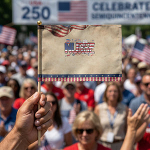 USA 250 Proud American Nurse Patriotic Handheld Flag Patriotic Healthcare Hero TS12 Vintage 8.2" × 5.5" Rustic Tan Navy Print Your Wear