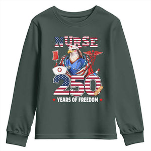 Bald Eagle Nurse 250 Years Of Freedom Youth Sweatshirt Patriotic American Nurse Gift TS12 Dark Forest Green Print Your Wear