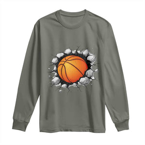 Funny Basketball Bursting Through Wall Long Sleeve Shirt Sports Fan Gift TS12 Military Green Print Your Wear