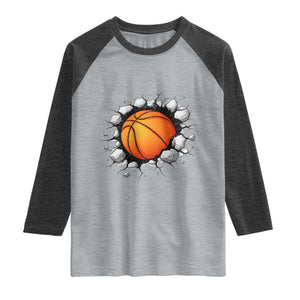 Funny Basketball Bursting Through Wall Raglan Shirt Sports Fan Gift TS12 Heather Gray Heather Charcoal Print Your Wear