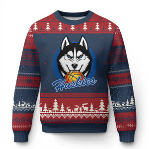 Cool Siberian Husky Basketball Ugly Christmas Sweater Gift For Dog Lovers TS12 Navy Red Print Your Wear