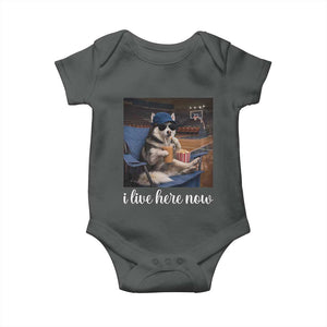 Funny Sarcastic Husky Basketball Baby Onesie I Live Here Now TS12 Dark Heather Print Your Wear