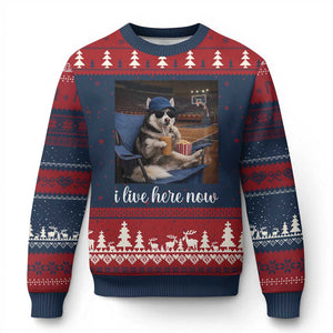 Funny Sarcastic Husky Basketball Ugly Christmas Sweater I Live Here Now TS12 Navy Red Print Your Wear