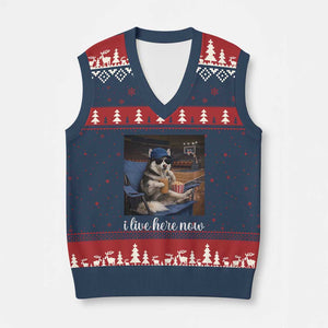 Funny Sarcastic Husky Basketball V-Neck Knit Sweater Vest I Live Here Now TS12 Navy Red Print Your Wear