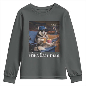 Funny Sarcastic Husky Basketball Youth Sweatshirt I Live Here Now TS12 Dark Heather Print Your Wear