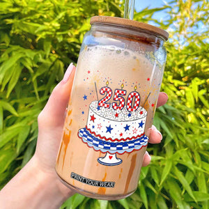 USA 250th Anniversary Birthday Cake Party Gift Glass Can