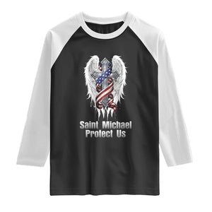 Saint Michael Protect Us American Christian Heritage Raglan Shirt Catholic Faith Gift TS12 Black White Print Your Wear