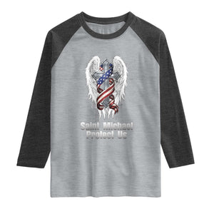 Saint Michael Protect Us American Christian Heritage Raglan Shirt Catholic Faith Gift TS12 Heather Gray Heather Charcoal Print Your Wear