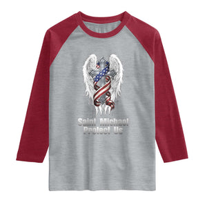Saint Michael Protect Us American Christian Heritage Raglan Shirt Catholic Faith Gift TS12 Heather Gray Heather Red Print Your Wear