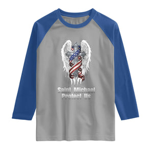 Saint Michael Protect Us American Christian Heritage Raglan Shirt Catholic Faith Gift TS12 Sport Gray Royal Print Your Wear