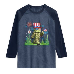 4th Of July Gamer Raglan Shirt Pixel Art US Flag Gaming