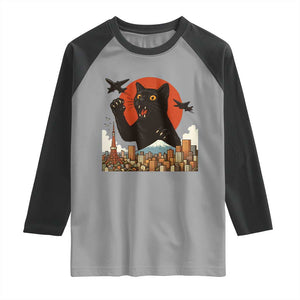 Funny Giant Cat Monster Roaring Tokyo Japan Raglan Shirt TS12 Sport Gray Black Print Your Wear