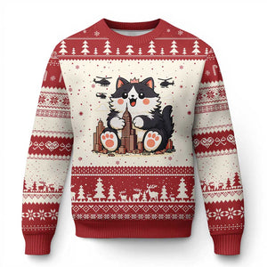 Funny Giant Cat Monster Invades City Ugly Christmas Sweater Cat Lover Gift TS12 Beige Red Print Your Wear